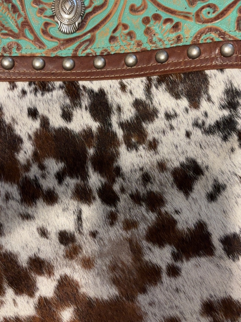 Turquoise Tooled Cowhide Fringe Shoulder Bag - Picture 5 of 5